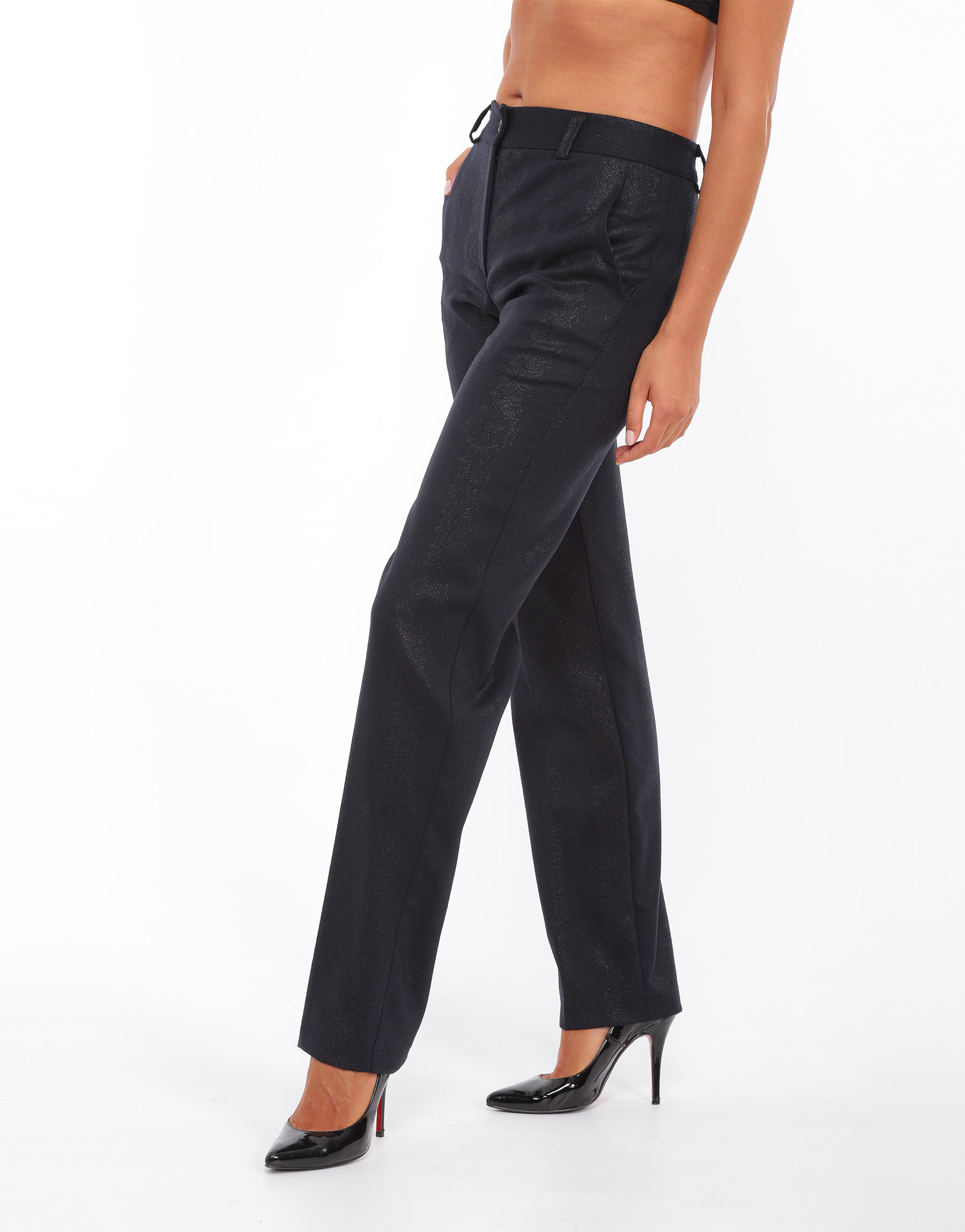 Straight midnight blue wool trousers with iridescent patterns